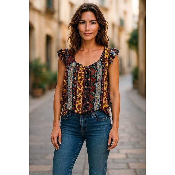 Belle Du Jour Tops - Belle Du Jour Boho Blouse Sz Small Scoop Neck Loose Multi Print Artisan Top